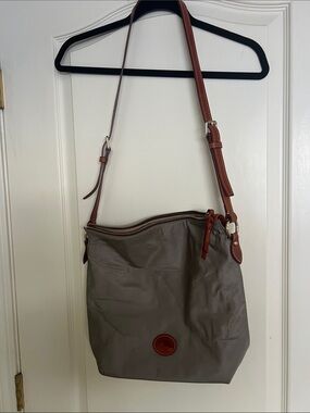 Dooney & Bourke Taupe Nylon Shoulder Bag with Brown Leather Trim